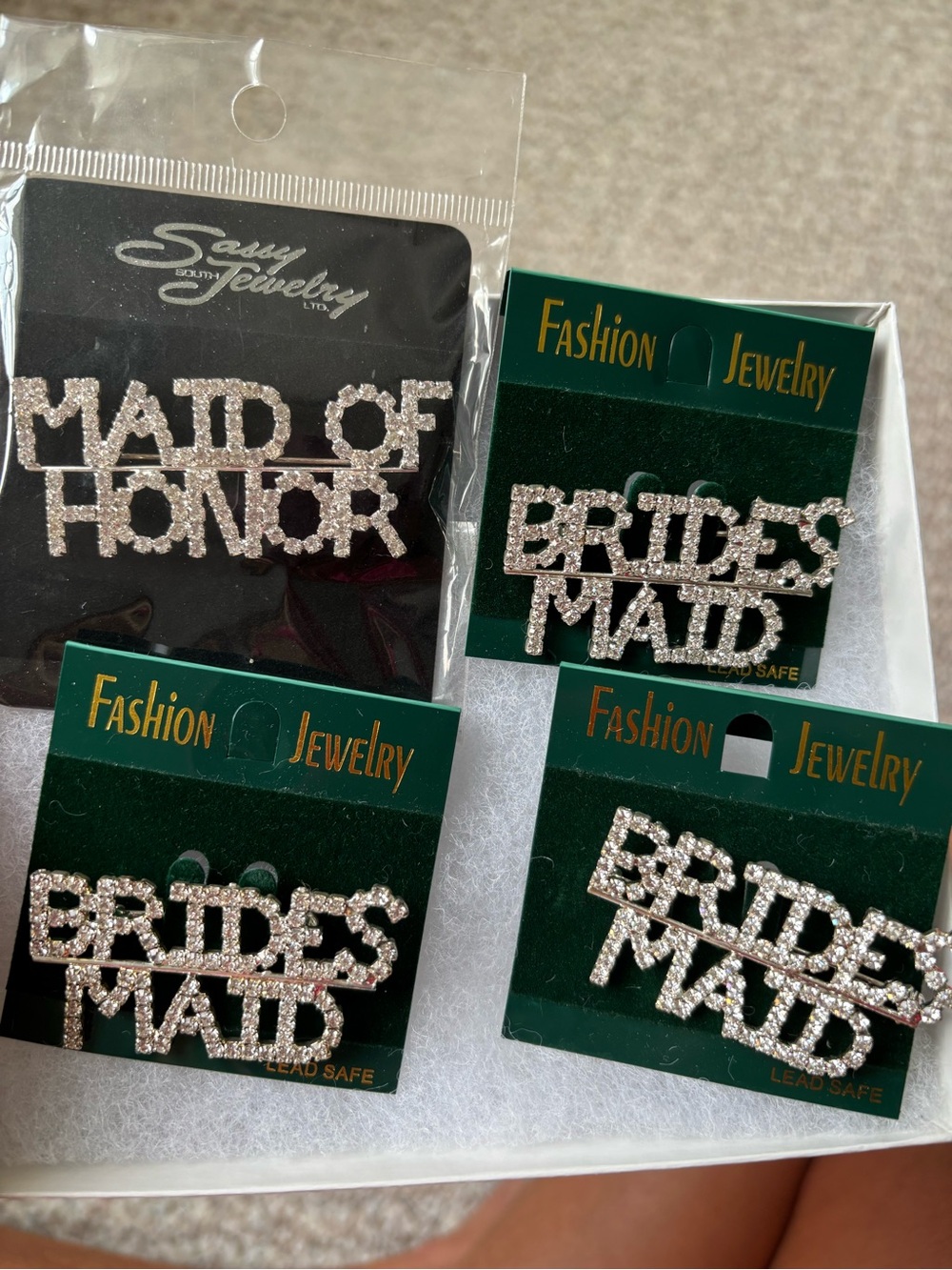 Maid of Honor' & Bridesmaid silver all rhinestones Pins -